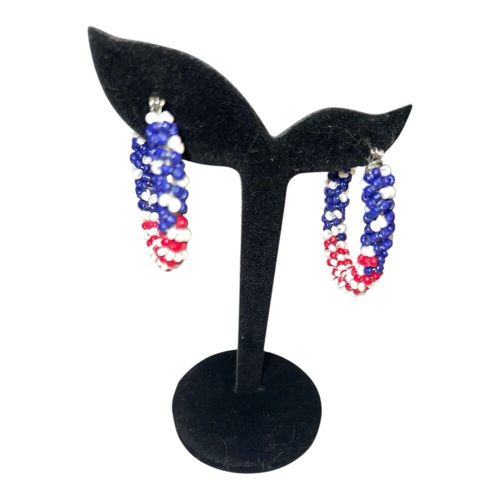 American Flag Star Hoop Earrings Patriotic 4th of July Red White Blue USA - Picture 4 of 5